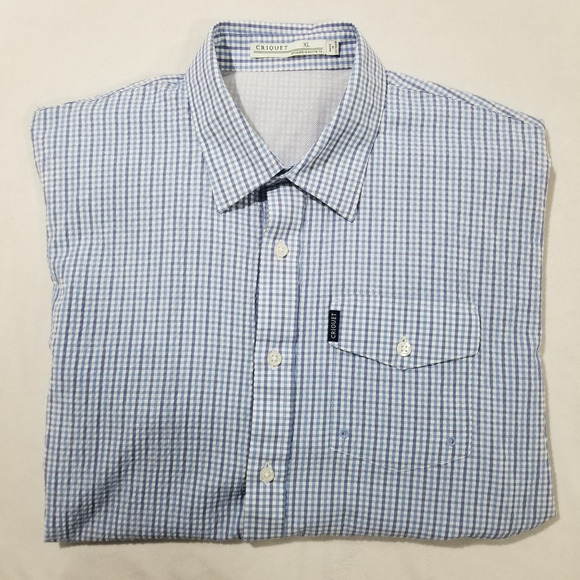 Criquet Shirt Mens XL Blue Seersucker Vented Button Gingham Check Short Sleeve - Picture 10 of 10